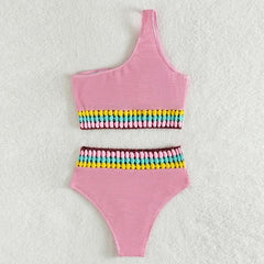 Textured contrast beaded one shoulder bikini swimwear