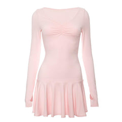 Ruched long sleeve v neck solid gloves ruffle mini dress