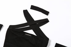 Solid mesh off shoulder cross front gloves metal tag mini dress