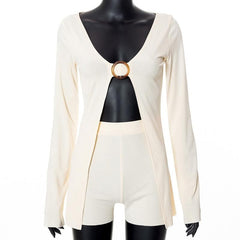 V neck long sleeve o ring slit solid crop top pant set