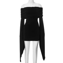 Long flared sleeve solid off shoulder ruched mini dress