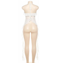 Halter rose applique sheer mesh ruffle v neck backless crop top