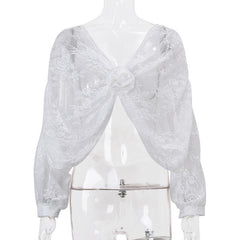 Long puff sleeve lace see through flower applique backless crop top