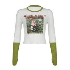 Ribbed contrast abstract gloves patchwork long sleeve top