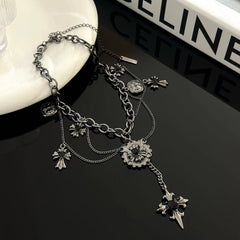 Cross pendant stone layered chain necklace