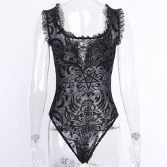Velvet mesh embroidery lace up U neck bodysuit