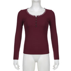 Ribbed long sleeve lace hem button solid top