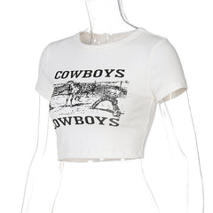 “COWBOYSââ‚?print short sleeve crewneck crop top