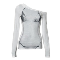 Long sleeve body print one shoulder contrast irregular top