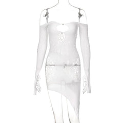 Long sleeve off shoulder fishnet see through dress