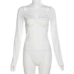 Ruched long sleeve solid v neck top