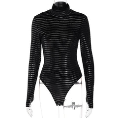 Textured striped long sleeve gloves high neck bodysuit