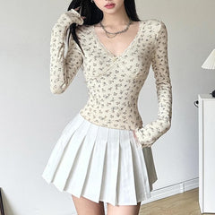 PRE ORDER - Flower print contrast long sleeve v neck lace hem top