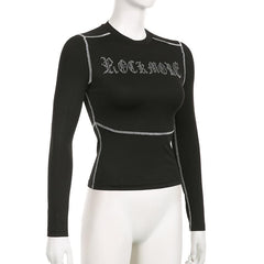 Beaded stitch long sleeve contrast top