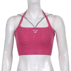 Metal cross strap knited halter crop top