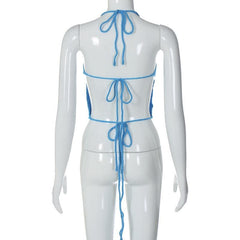 Solid halter self tie backless knitted hollow out crop top