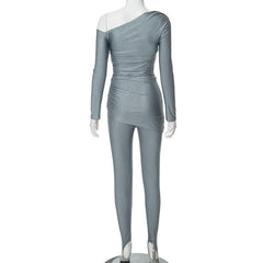 Ruched off shoulder long sleeve irregular solid pant set