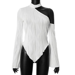 Long sleeve textured off shoulder ruffle halter solid top