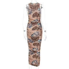 Leopard contrast print sleeveless midi dress