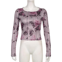 Flower print contrast round neck long sleeve top