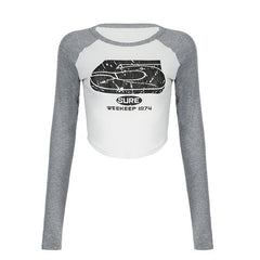 Contrast "5" pattern long sleeve crewneck crop top