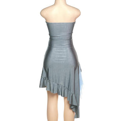 Contrast irregular patchwork ruffle backless tube mini dress