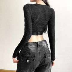 Textured star applique long sleeve buckle crop top