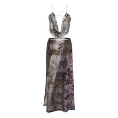 Flower print contrast cowl neck ruched cross back backless midi skirt set