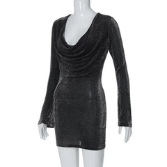 Long sleeve cowl neck ruched glitter solid mini dress