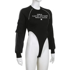 Pocket letter print long sleeve crewneck contrast bodysuit