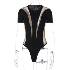 Mesh patchwork short sleeve contrast bodysuit