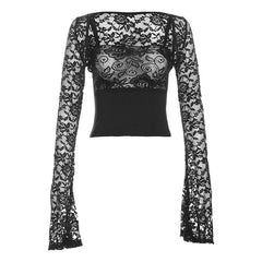 Lace see through square neck long sleeve shrug 2 piece cami crop top - Final Sale