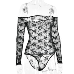 Lace see through off shoulder long sleeve bodysuit