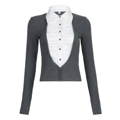 Turnover collar long sleeve button ruched contrast patchwork top