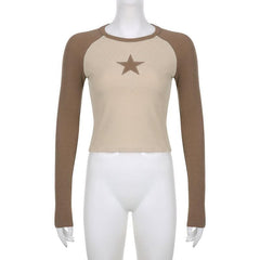 Star patchwork contrast ribbed crewneck long sleeve top