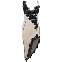 Contrast irregular v neck lace hem stitch mini dress