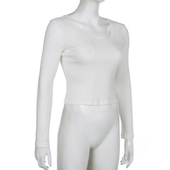 Textured lace hem solid long sleeve u neck top