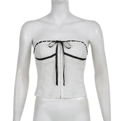 Textured contrast stitch self tie button backless tube top