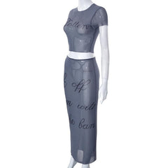 Crewneck short sleeve sheer mesh see through maxi skirt set