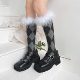 Feather plaid contrast knee high socks