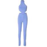 Halter backless sleeveless ribbed solid slit pant set