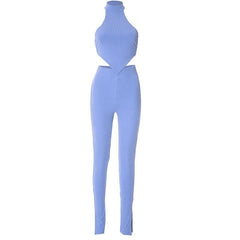 Halter backless sleeveless ribbed solid slit pant set
