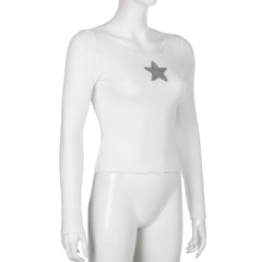 Star embroidery long sleeve ruffle round neck top