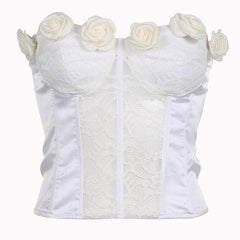 Lace flower applique button patchwork corset backless tube top - Final Sale