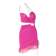 Irregular hollow out ruffle backless one shoulder spaghetti strap mini dress
