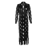 Turnover collar hollow out PU leather long sleeve coat top