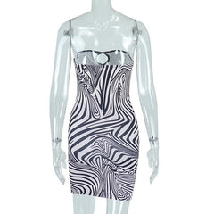 Zebra print off shoulder contrast hollow out backless mini dress