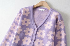 V neck flower pattern button knitted contrast long sleeve cardigan top
