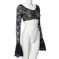 Long flared sleeve lace u neck button backless crop top