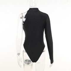 One shoulder ruched irregular high neck solid bodysuit